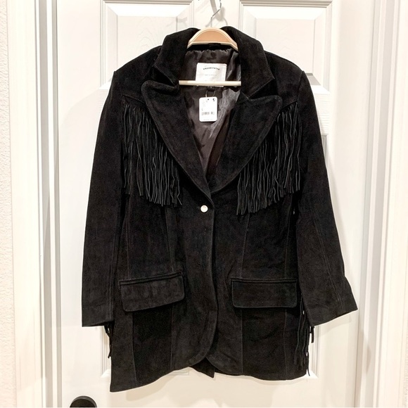 [🌟 PRICE FIRM] Free People Black Marlboro Fringe Genuine Leather Blazer Jacket - Picture 8 of 16